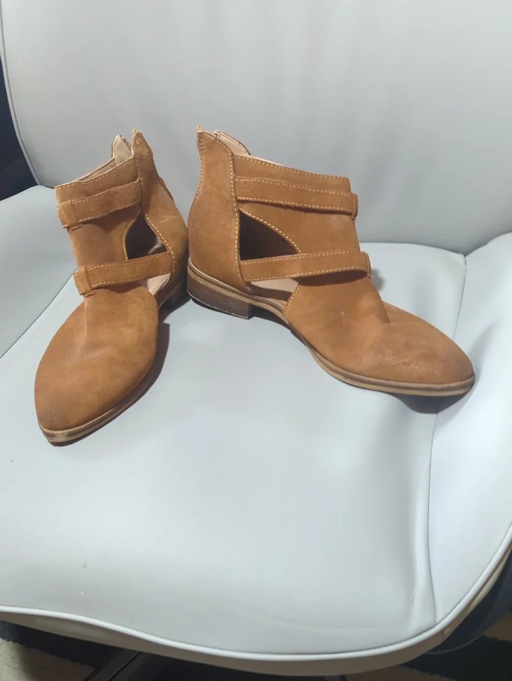 Chinese Laundry Tan Suede Cutout Strap Ankle Booties